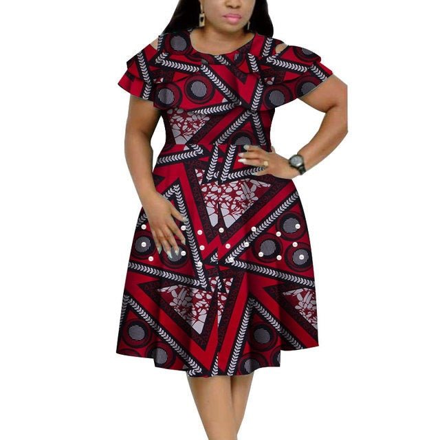 Bazin Riche African Ruffles Collar Dress with Dashiki Print and Pearls for Women. Flexi Africa offers Free Delivery Worldwide