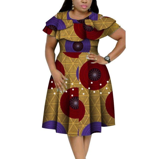 Bazin Riche African Ruffles Collar Dress with Dashiki Print and Pearls for Women. Flexi Africa offers Free Delivery Worldwide