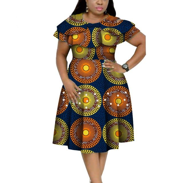 Bazin Riche African Ruffles Collar Dress with Dashiki Print and Pearls for Women. Flexi Africa offers Free Delivery Worldwide