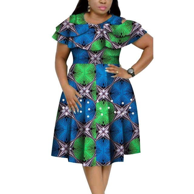 Bazin Riche African Ruffles Collar Dress with Dashiki Print and Pearls for Women. Flexi Africa offers Free Delivery Worldwide