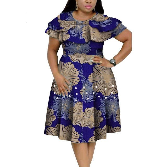 Bazin Riche African Ruffles Collar Dress with Dashiki Print and Pearls for Women. Flexi Africa offers Free Delivery Worldwide