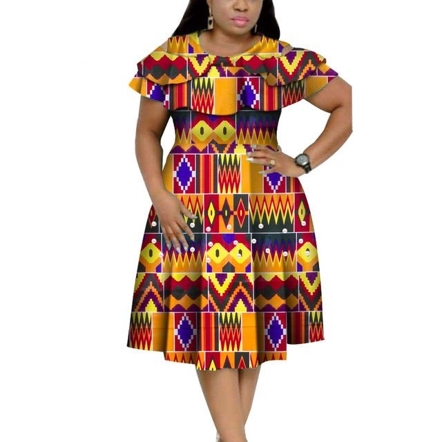 Bazin Riche African Ruffles Collar Dress with Dashiki Print and Pearls for Women. Flexi Africa offers Free Delivery Worldwide