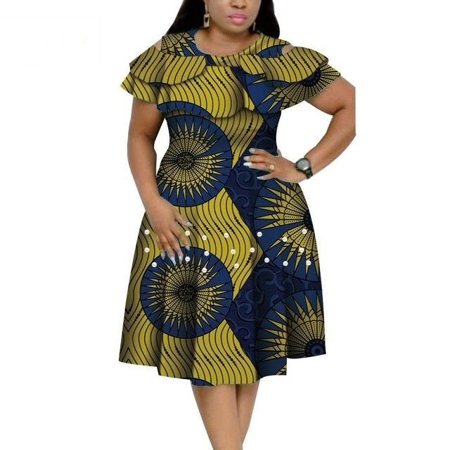 Bazin Riche African Ruffles Collar Dress with Dashiki Print and Pearls for Women. Flexi Africa offers Free Delivery Worldwide