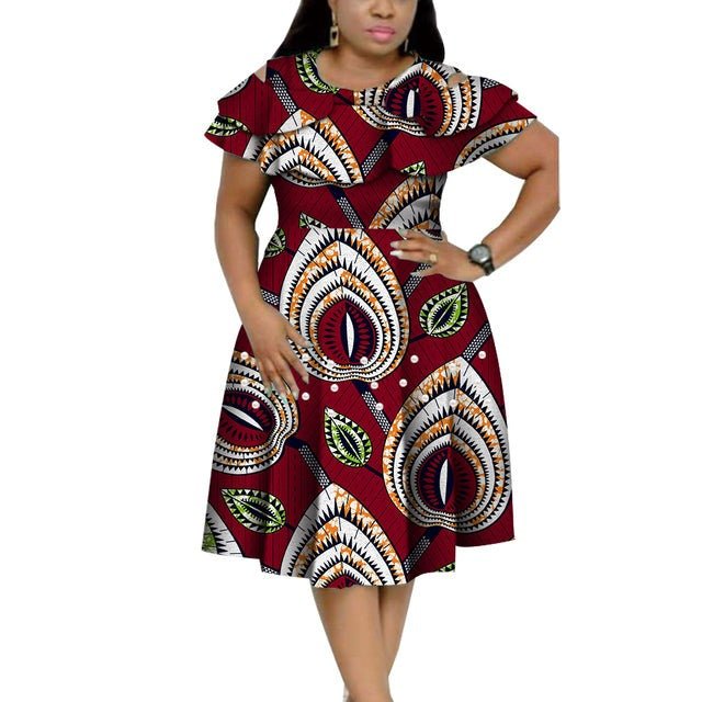 Bazin Riche African Ruffles Collar Dress with Dashiki Print and Pearls for Women. Flexi Africa offers Free Delivery Worldwide