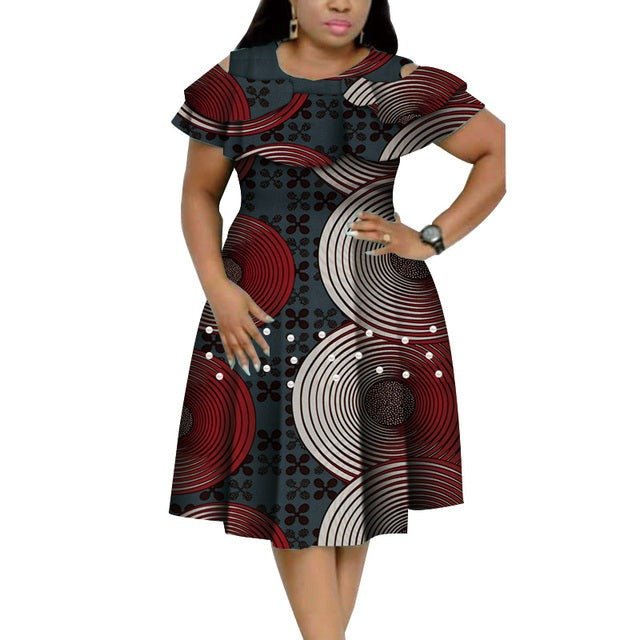 Bazin Riche African Ruffles Collar Dress with Dashiki Print and Pearls for Women. Flexi Africa offers Free Delivery Worldwide