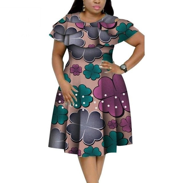 Bazin Riche African Ruffles Collar Dress with Dashiki Print and Pearls for Women. Flexi Africa offers Free Delivery Worldwide