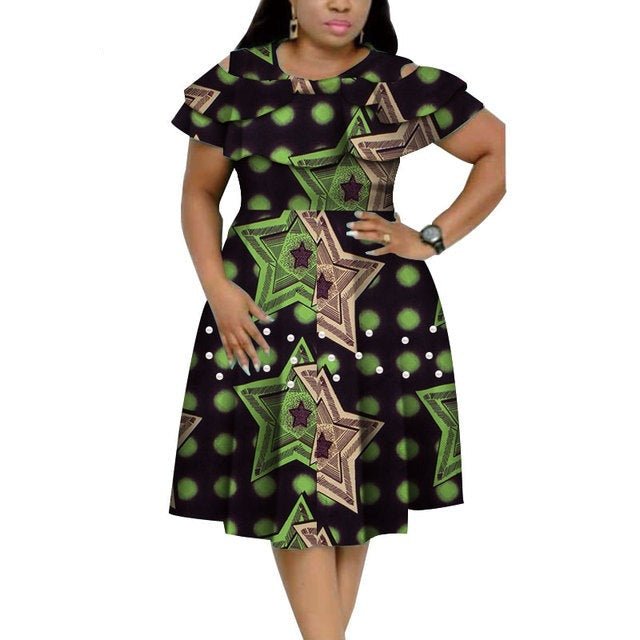 Bazin Riche African Ruffles Collar Dress with Dashiki Print and Pearls for Women. Flexi Africa offers Free Delivery Worldwide