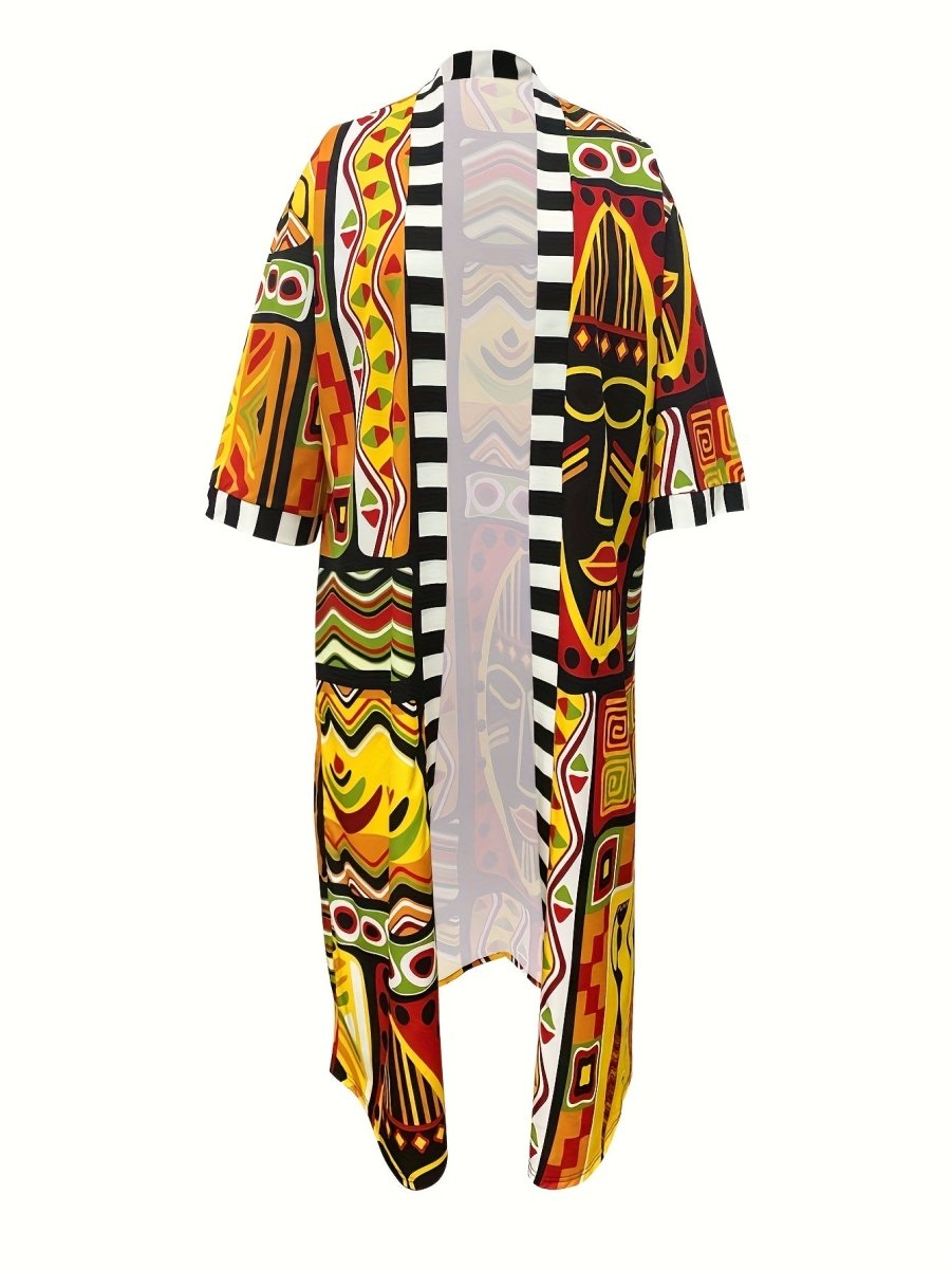 Casual Plus Size Geometric Print 3/4 Sleeve Top - Open Front Outwear for Spring & Fall - Women's Clothing - Free Delivery Worldwide only at Flexi Africa