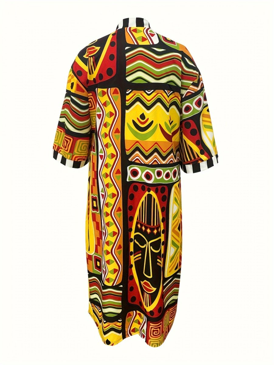 Casual Plus Size Geometric Print 3/4 Sleeve Top - Open Front Outwear for Spring & Fall - Women's Clothing - Free Delivery Worldwide only at Flexi Africa