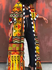 Casual Plus Size Geometric Print 3/4 Sleeve Top - Open Front Outwear for Spring & Fall - Women's Clothing - Free Delivery Worldwide only at Flexi Africa