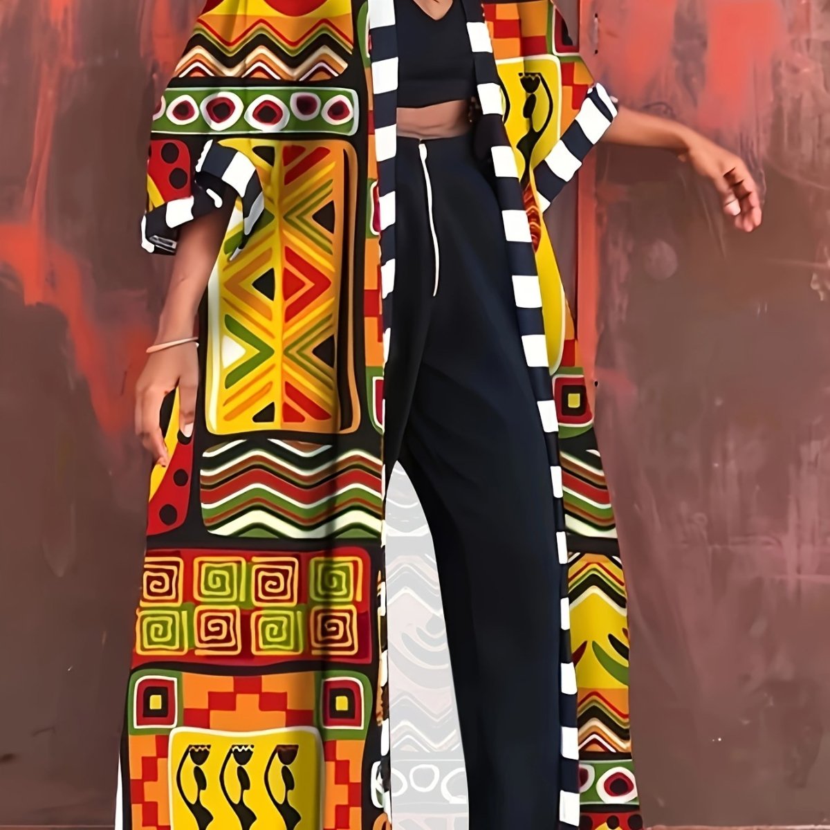 Casual Plus Size Geometric Print 3/4 Sleeve Top - Open Front Outwear for Spring & Fall - Women's Clothing - Free Delivery Worldwide only at Flexi Africa