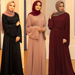 Chic and Modest: Muslim Fashion Hijab Dubai Abaya Long Dresses with Sashes for Women - Free Delivery Worldwide