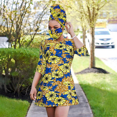 Chic Ensemble: Mini Dress with Coordinating Headwrap and Facemask Set - Flexi Africa - Flexi Africa offers Free Delivery Worldwide - Vibrant African traditional clothing showcasing bold prints and intricate designs