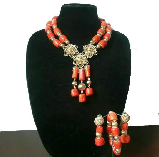 Coral and Gold Bridal Jewelry Set with Crystal Accents and Gold Pendant for Women - Flexi Africa - Flexi Africa offers Free Delivery Worldwide - Vibrant African traditional clothing showcasing bold prints and intricate designs