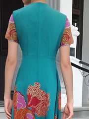 Floral Print V Neck Dress, Elegant Short Sleeve A-line Flowy Dress for Spring & Summer, Women's Clothing