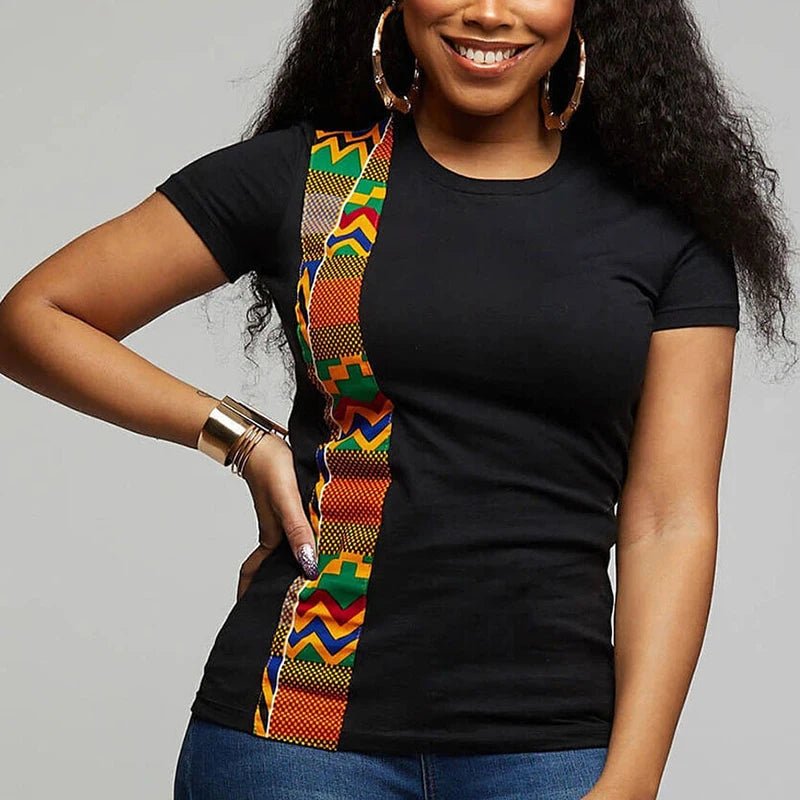 Dashiki Print Patchwork Casual African Tunic: O Neck Short Sleeve Tee Shirt for Women, Perfect for Summer Wear - Flexi Africa - Flexi Africa offers Free Delivery Worldwide - Vibrant African traditional clothing showcasing bold prints and intricate designs