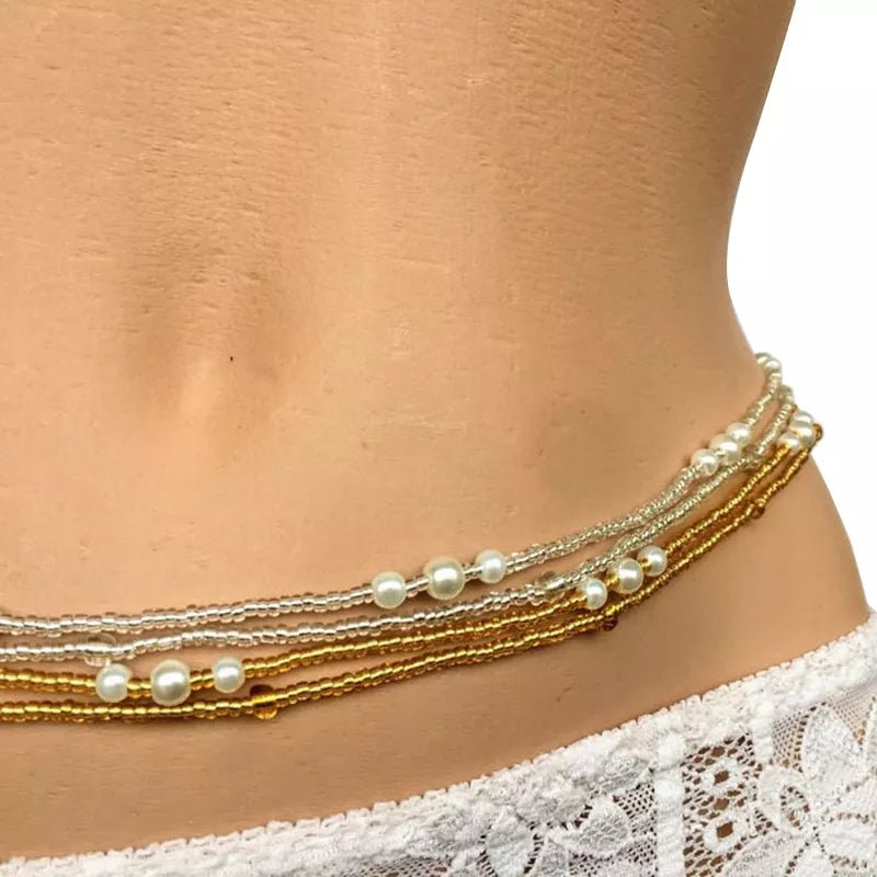 Double Strand Waist Pearl Beads Body Jewelry: Bohemian Belly Beads, Elastic Waist Chain, African Body Waist Bead - Flexi Africa - Flexi Africa offers Free Delivery Worldwide - Vibrant African traditional clothing showcasing bold prints and intricate designs