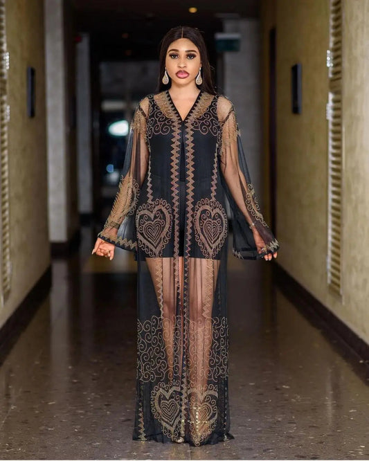 Sexy Mesh Dress with Rhinestone Decor and Sling Straps - Luxury Fashion Robe - Free Delivery Worldwide only at Flexi Africa