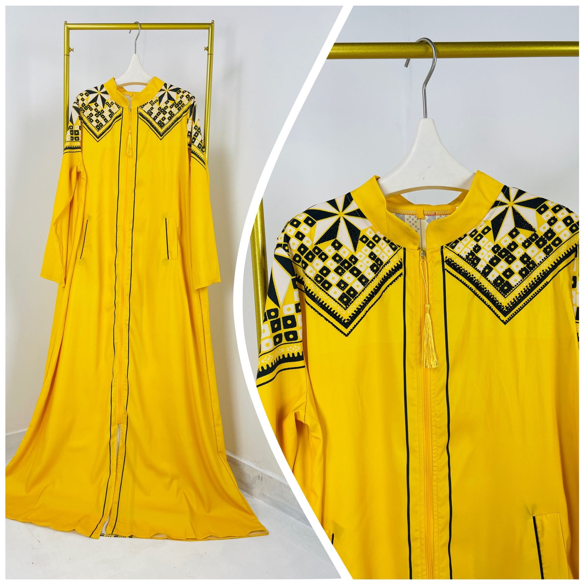 Elegant Allure: Sophisticated Chiffon Robe with Unique Diamond Print, Stylish Collar, and Decorative Tassel Zip Detail - Flexi Africa - Flexi Africa offers Free Delivery Worldwide - Vibrant African traditional clothing showcasing bold prints and intricate designs
