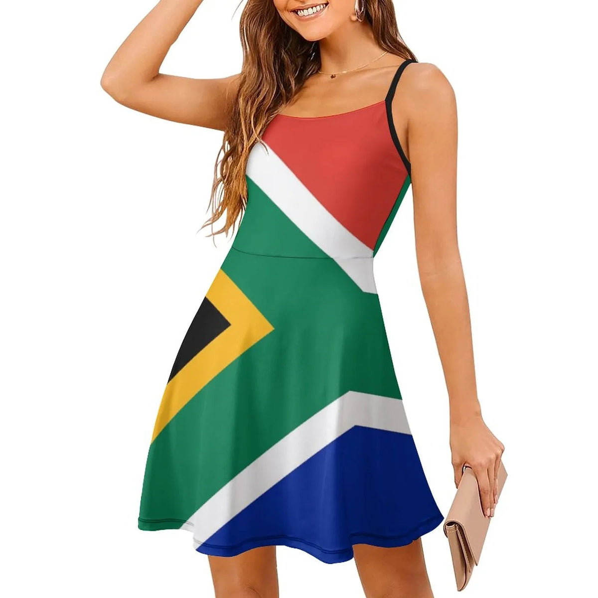 Elegant and Exotic Gown Inspired by South African Flag: A Unique Suspender Dress Blending Modern Styles - Free Delivery Worldwide only at Flexi Africa