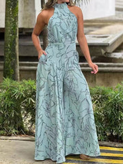 Elegant Halter Neck Jumpsuit: Casual Printed Design with Sleeveless Tie, Wide Leg Pants Flexi Africa Free Delivery Worldwide