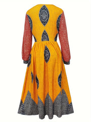 Elegant V - Neck Fit and Flare Maxi Dress with Pockets - Long Sleeve Printed Spandex Blend Dress - Free Delivery Worldwide only at Flexi Africa