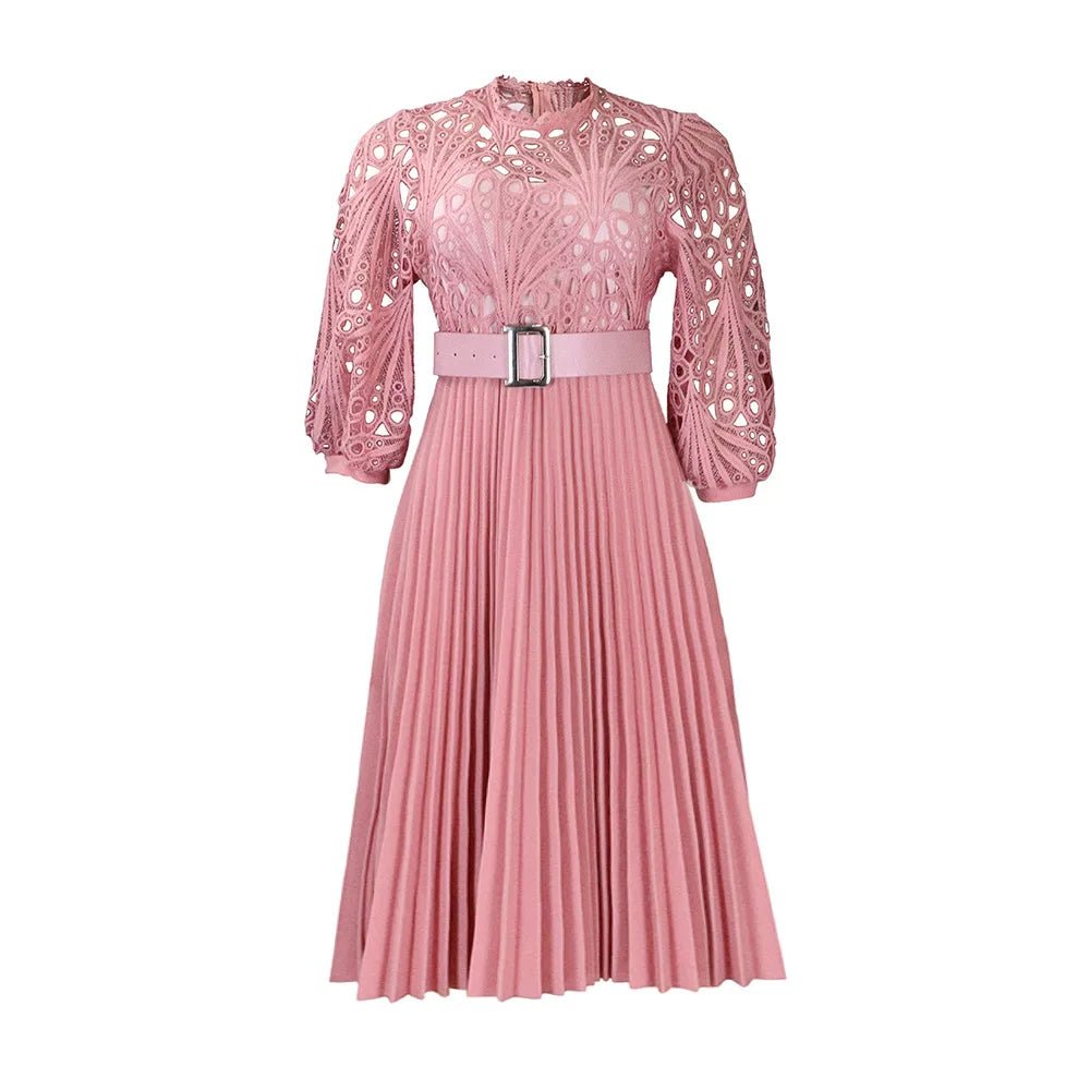 Elegant Wind Summer Lace Crochet Sexy Hollow Pleated Temperament Commuter Solid Color Dresses - Flexi Africa - Free Delivery Worldwide only at www.flexiafrica.com