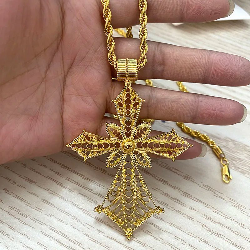 Ethiopian Cross Pendant Necklace with 80cm Twisted Chain – Gold Color African Wedding Party Jewelry Gift - Free Delivery Worldwide only at Flexi Africa