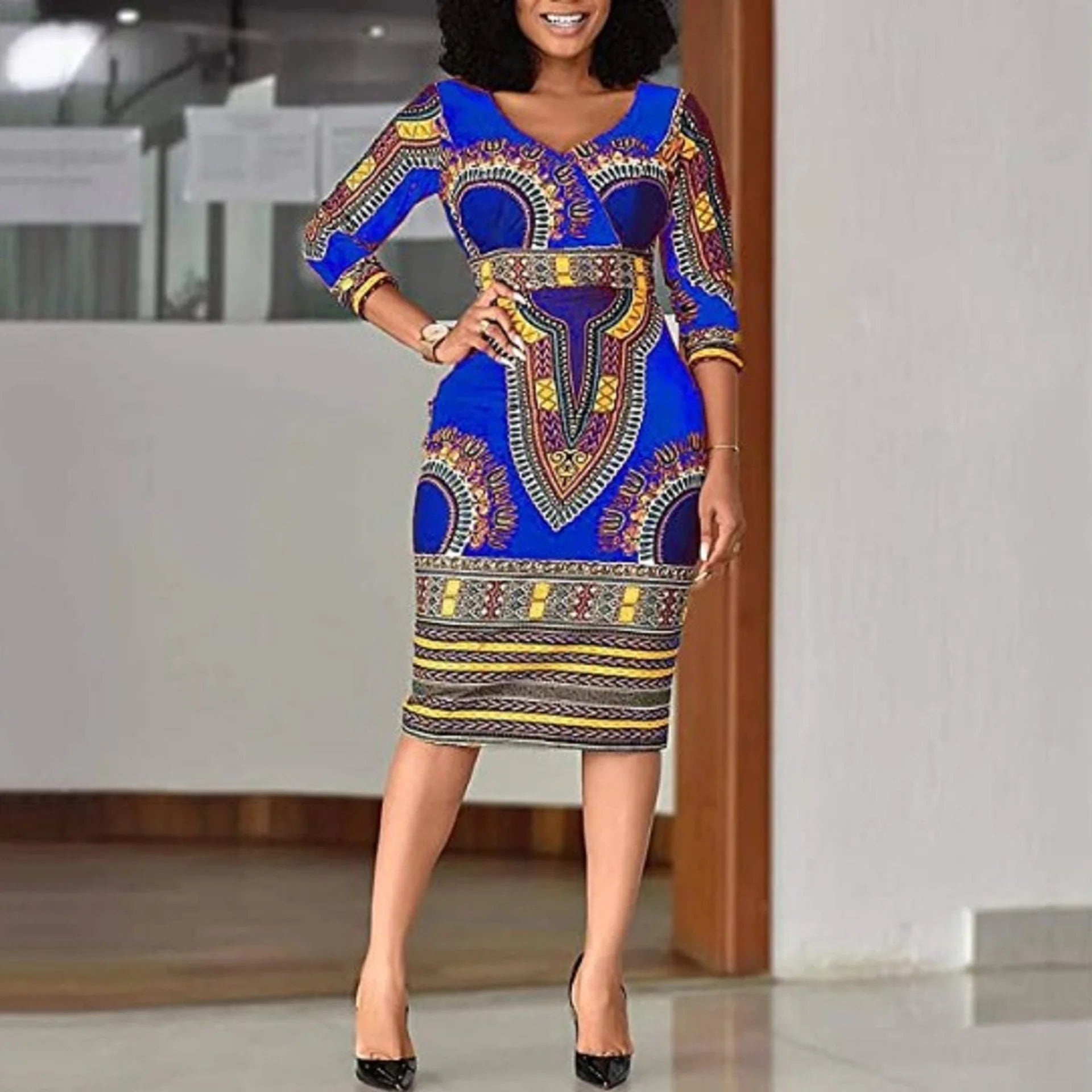 Ethnic Print V-neck Dress: Stylish Package Hip Skirt with A-line Silhouette - Women's Fashion - Flexi Africa - Flexi Africa offers Free Delivery Worldwide - Vibrant African traditional clothing showcasing bold prints and intricate designs