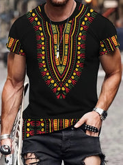 Ethnic Style Printed T - shirt, Men's Casual Street Style Stretch Round Neck Tee Shirt For Summer - Flexi Africa - Free Delivery Worldwide only at www.flexiafrica.com