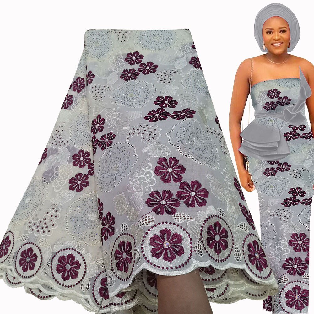 Exquisite Nigerian Party Stone Embroidery Gown: Fashion's 100% Cotton Voile Lace Fabric 2.5 Yards - Flexi Africa