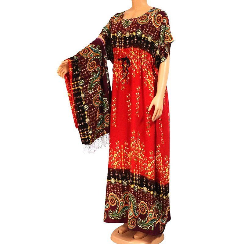 Floral Print African Dress for Women with Lace Detailing and Matching Scarf - 100% Cotton - Free Delivery Worldwide only at Flexi Africa