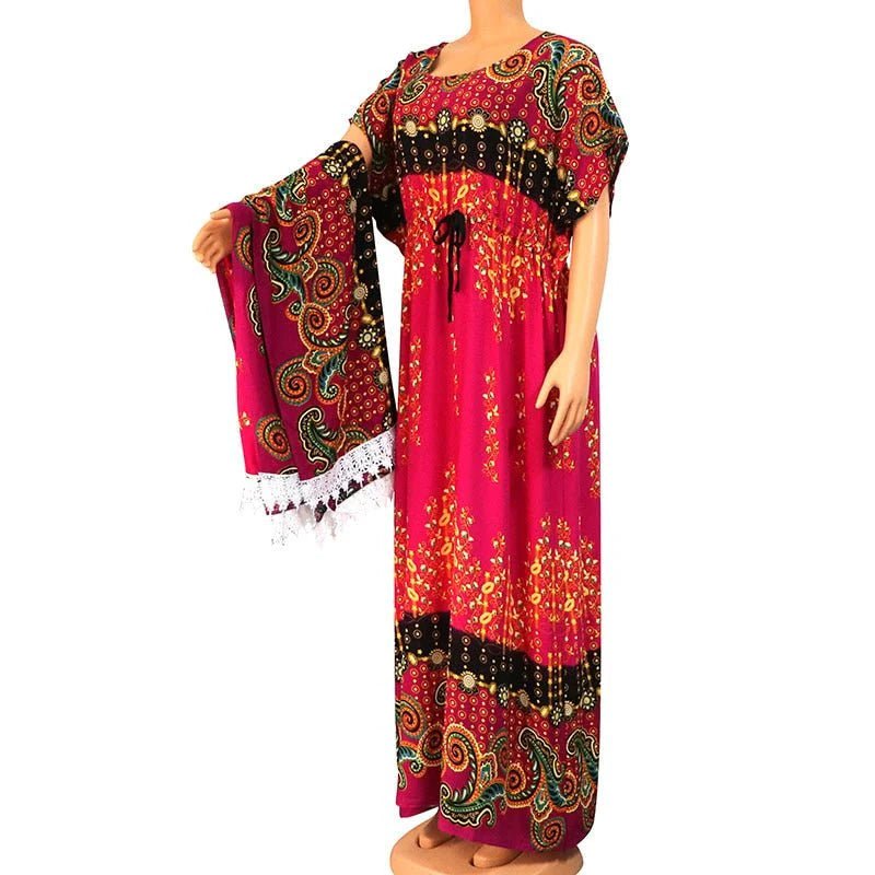 Floral Print African Dress for Women with Lace Detailing and Matching Scarf - 100% Cotton - Flexi Africa - Free Delivery