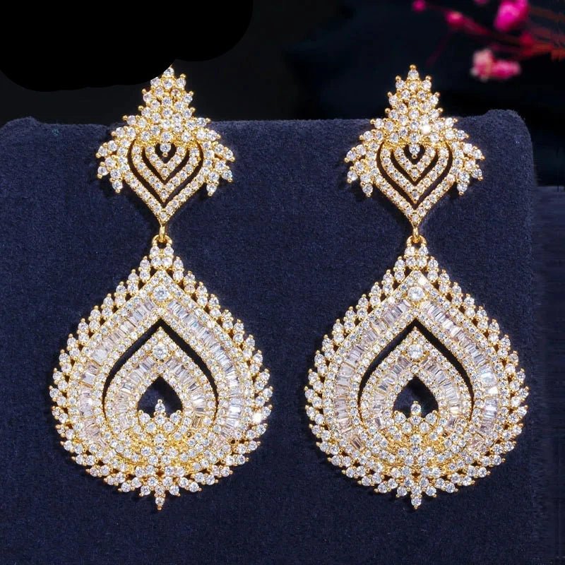 Gold Color African Nigerian Big Long Earrings for Women - Perfect for Weddings and Parties - Free Delivery Worldwide only at Flexi Africa