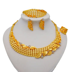 Gold Necklace Set for Women: Ideal for Nigerian African Weddings Complete with Earrings Rings - Flexi Africa