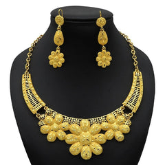 Gold-Plated Jewelry Set: Exquisite 24K Gold-Colored Necklace and Earrings for African Bridal Wear at Nigerian Wedding