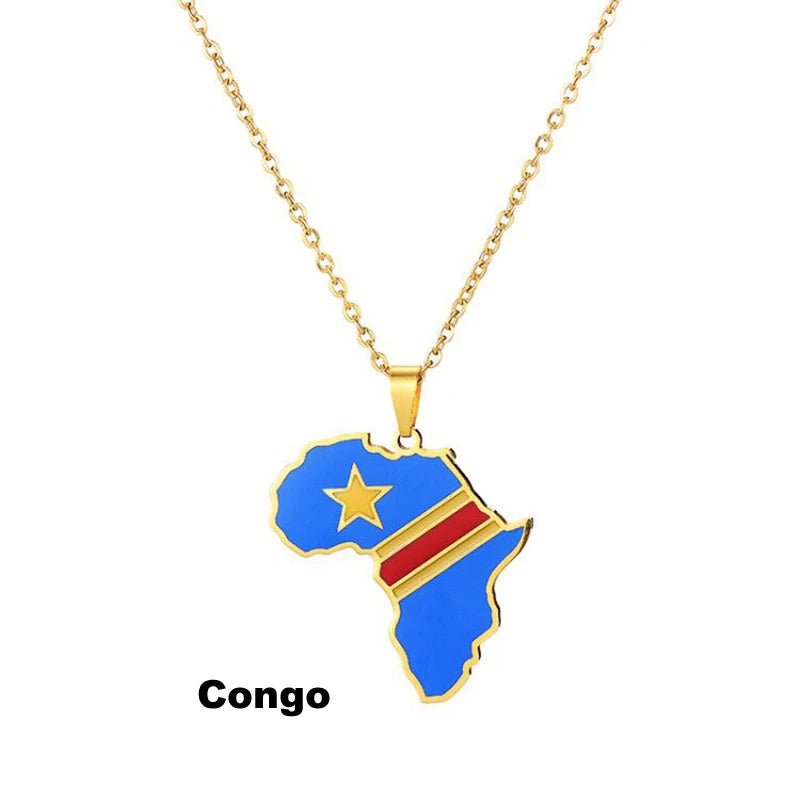 Gold Stainless Steel Africa Map Flag Pendant Necklace African Countries - Flexi Africa - Free Delivery www.flexiafrica.com