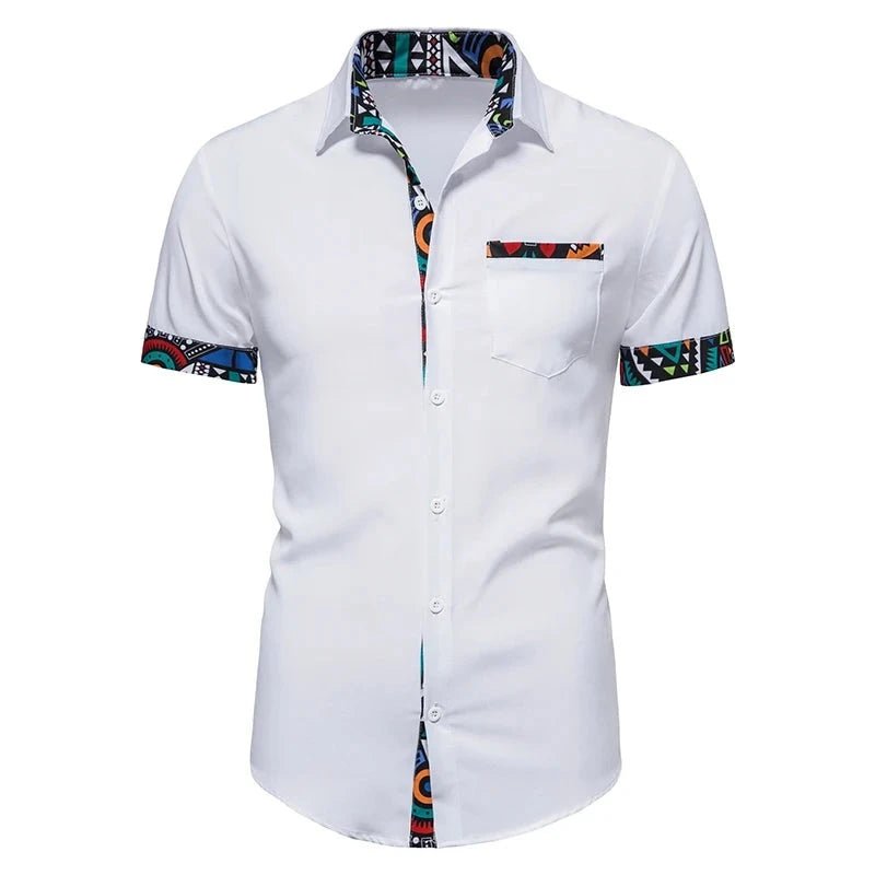 Inspired Patchwork Print Men's Shirt: Short Sleeve Design with Unique Collar - Elevate Your Wardrobe with African Style - Flexi Africa - Flexi Africa offers Free Delivery Worldwide - Vibrant African traditional clothing showcasing bold prints and intricate designs