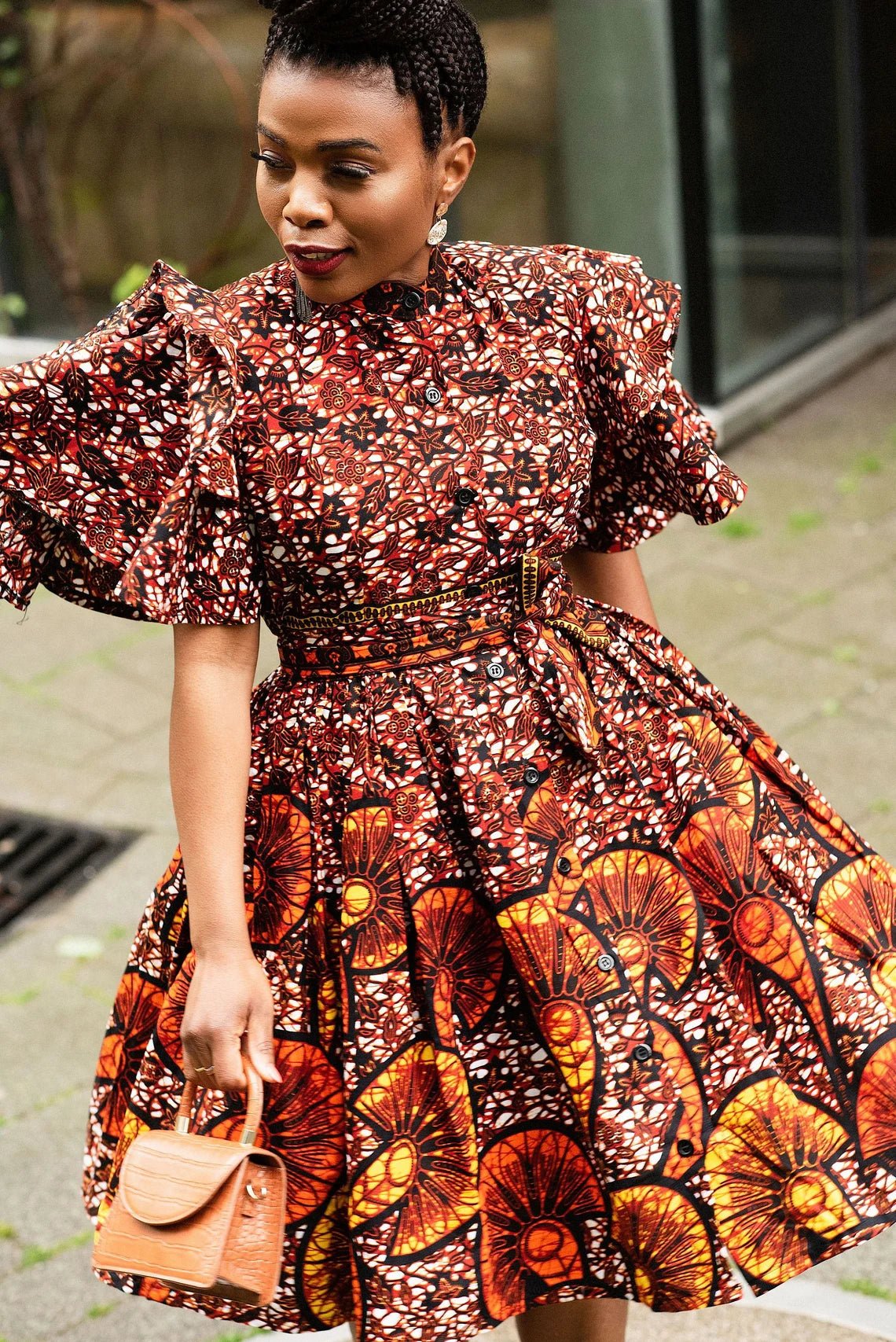 Lanre Brown Ankara High Neck Dress: Elegant African-Inspired Attire (Hand Made in Nigeria) - Flexi Africa www.flexiafrica.com