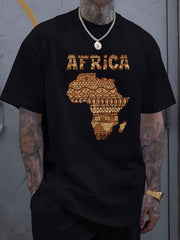 Large Size Men's Casual T-Shirt - Polyester Knit Fabric, Slightly Stretchy Loose Fit Short Sleeve, Africa Graphic Print with Geometric Patterns & Bold Lettering, All - Season Comfort, Hand Wash Only, Comfortable Clothing, Cultu - Free Delivery Worldwide only at Flexi Africa