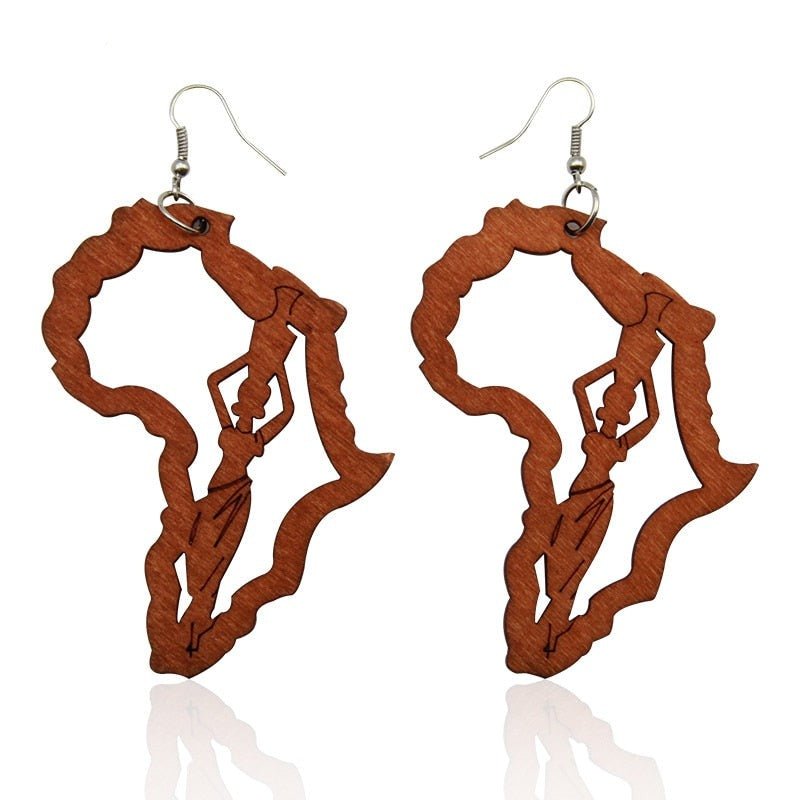 Laser Engraved Afro Wooden Drop Earrings African Motherland Map Ethnic Tribal Pattern Handmade Jewelry - Flexi Africa