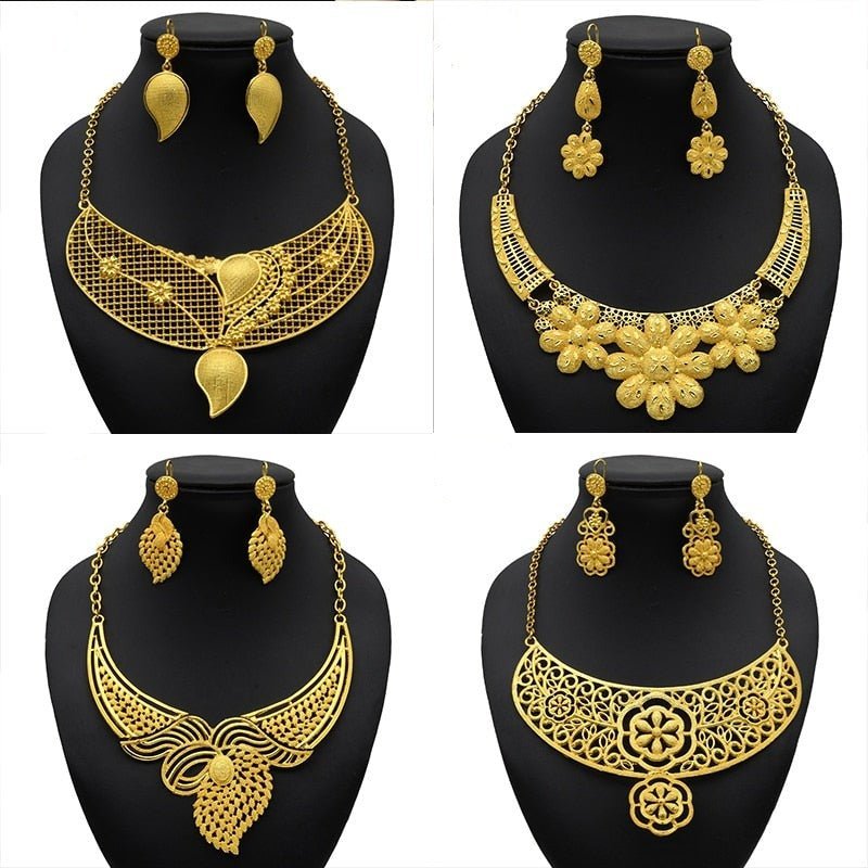 Luxury Plated Jewelry Set For Women Bridal Wedding Necklace And Earrings Set African Necklace Choker Gifts - Flexi Africa