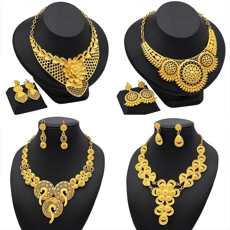 Luxury Plated Jewelry Set For Women Bridal Wedding Necklace And Earrings Set African Necklace Choker Gifts - Flexi Africa