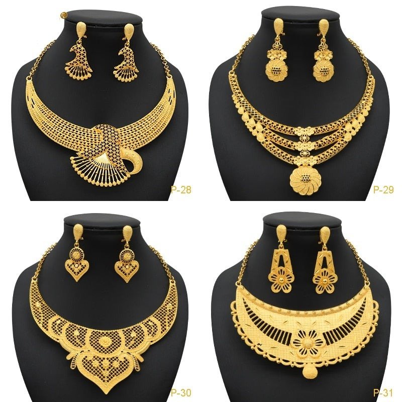 Luxury Plated Jewelry Set For Women Bridal Wedding Necklace And Earrings Set African Necklace Choker Gifts - Flexi Africa