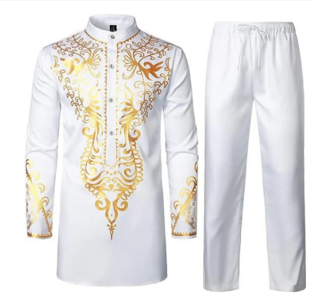 Mens' African Traditional Cotton Suit: 2PC Dashiki Set with Long Sleeve Gold Print Shirt and Pants - Flexi Africa - Flexi Africa offers Free Delivery Worldwide - Vibrant African traditional clothing showcasing bold prints and intricate designs