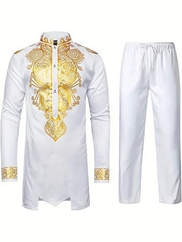 Mens' African Traditional Cotton Suit: 2PC Dashiki Set with Long Sleeve Gold Print Shirt and Pants - Flexi Africa - Flexi Africa offers Free Delivery Worldwide - Vibrant African traditional clothing showcasing bold prints and intricate designs