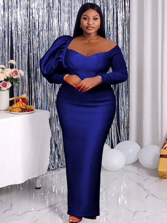 Off - Shoulder Blue Long Sleeve Evening Party Dress with High Waist for Women - Free Delivery Worldwide only at Flexi Africa