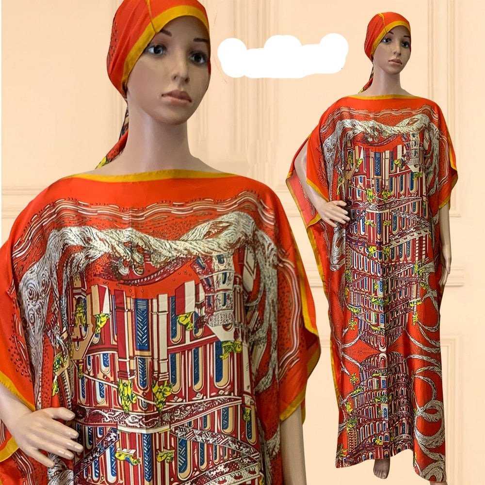 Oversized African Print Abaya Dress with Scarf - Loose, Long, and Fashionable for Women of All Sizes - Free Delivery Worldwide only at Flexi Africa