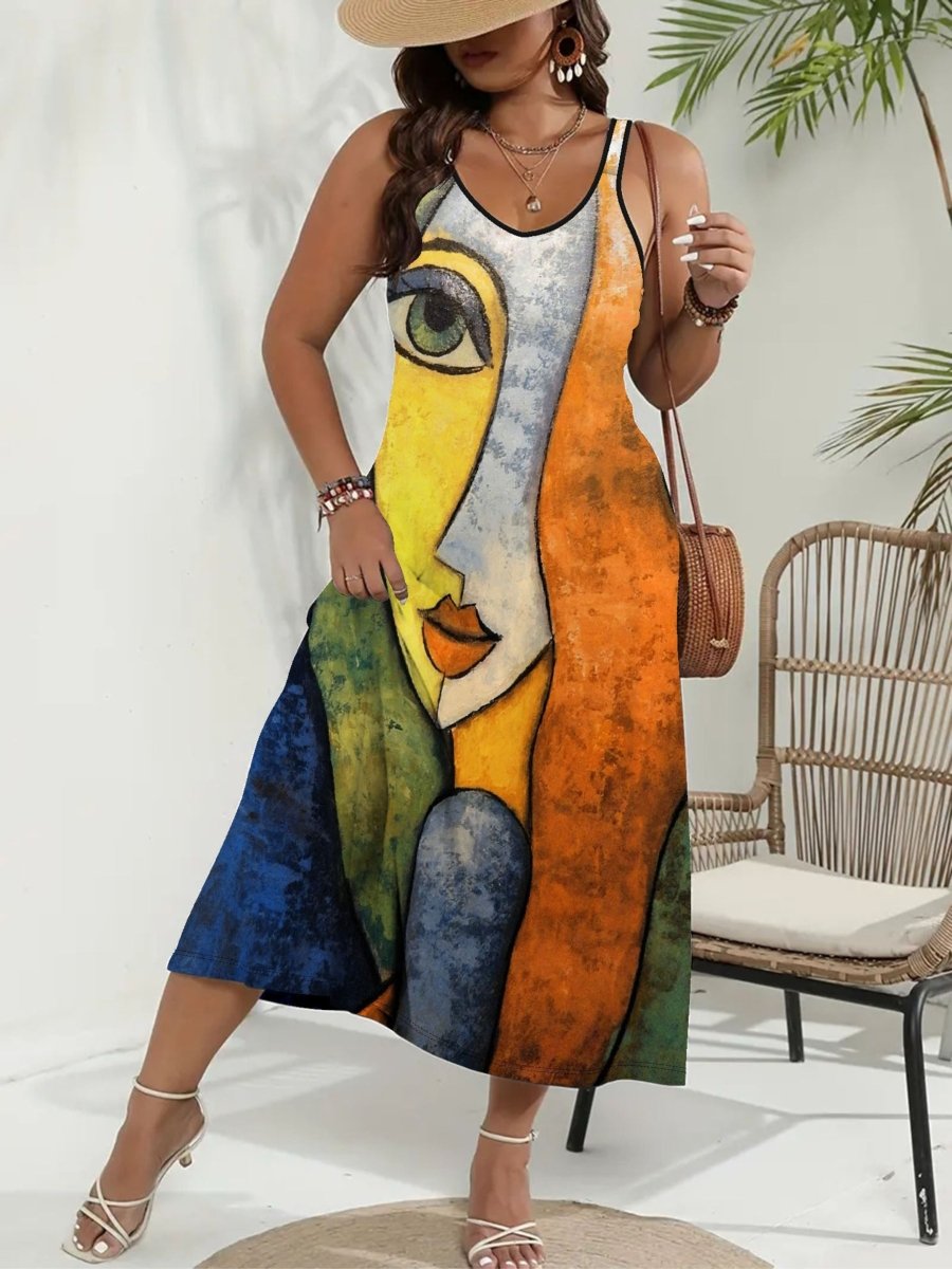 Plus Size Abstract Face Print Cami Dress – Casual Sleeveless Spring & Summer - Free Delivery Worldwide only at Flexi Africa