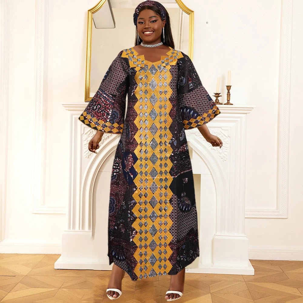 Plus Size African Clothes for Women 2025 New Dashiki Ankara Embroidery Bazin Riche Design Wedding Party Dresses with Headscarf - Free Delivery Worldwide only at Flexi Africa